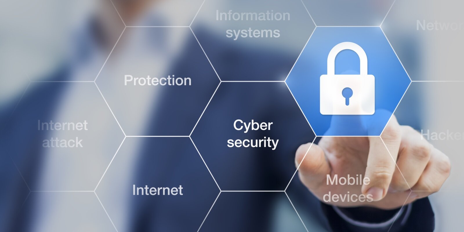 cyber security concept on virtual screen with a consultant doing presentation