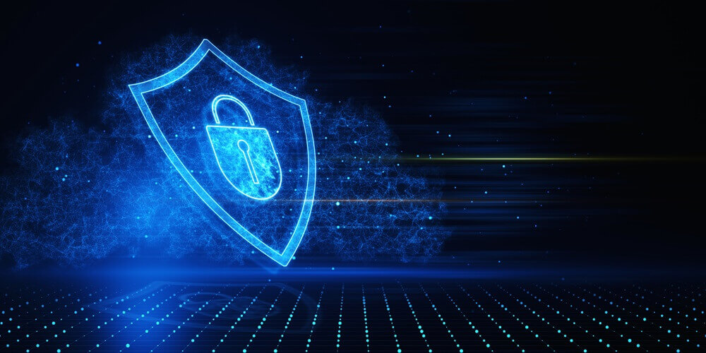 safety protection and information privacy concept with digital padlock in shield on abstract dark backgrounds